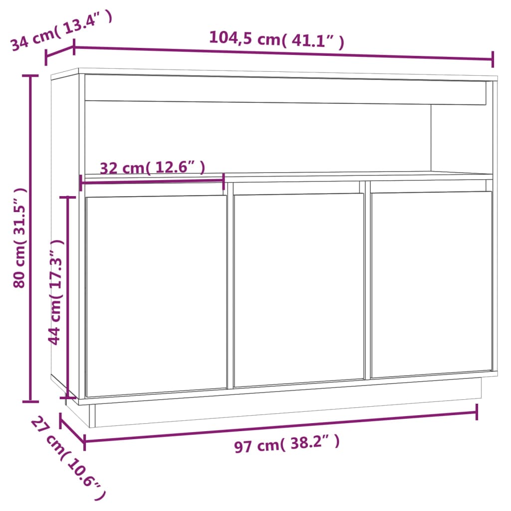 Skänk svart 104,5x34x80 cm massiv trä furu