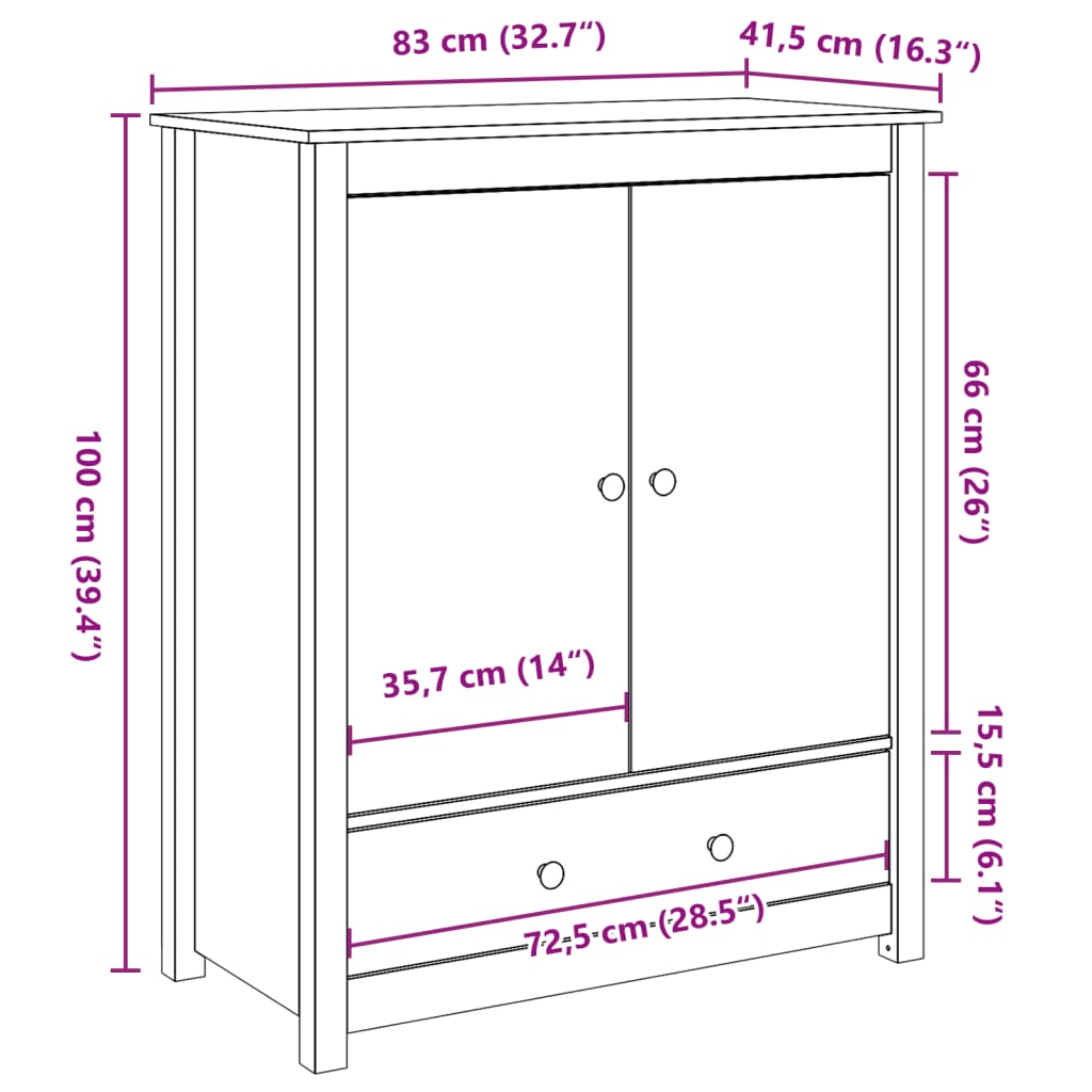 Skänk vit 83x41,5x100 cm massiv trä furu