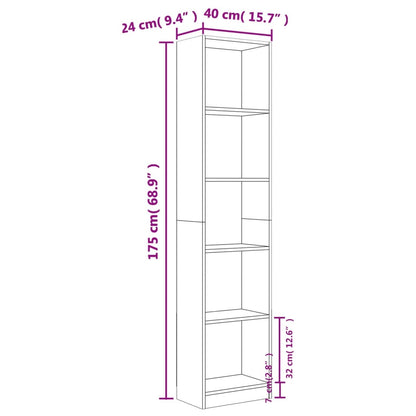 Kirjahylly ruskea tammi 5 hyllyä 40x24x175 cm