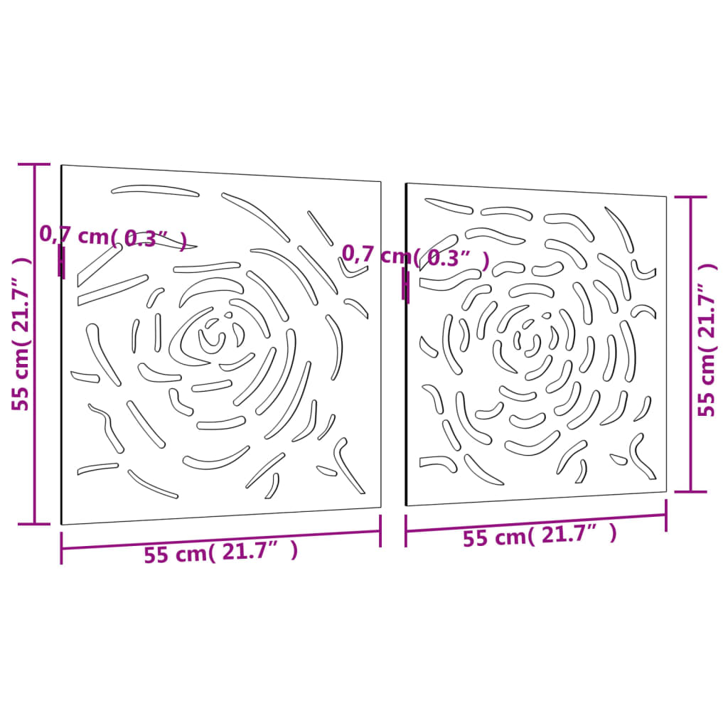 Väggdekoration 55x55 cm rosttrögt stål rosdesign 2 delar