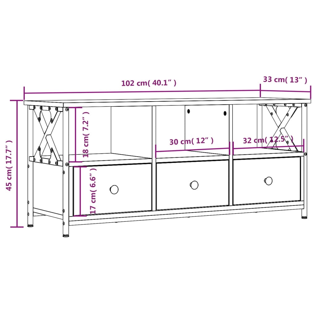 TV-möbel rökfärgad ek TV-bänk 102x33x45 cm järn