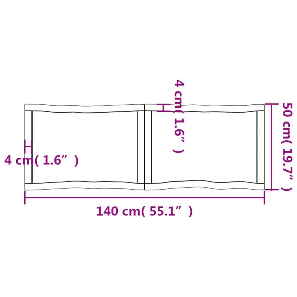 Pöytälevy 140x50x(2-4) cm käsittelemätöntä massiivitammea elävä reuna