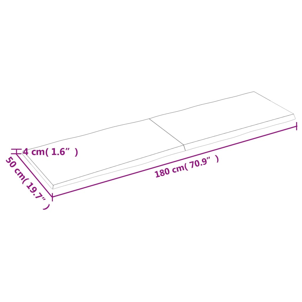 Pöytälevy 180x50x(2-4) cm käsittelemätöntä massiivitammea elävä reuna