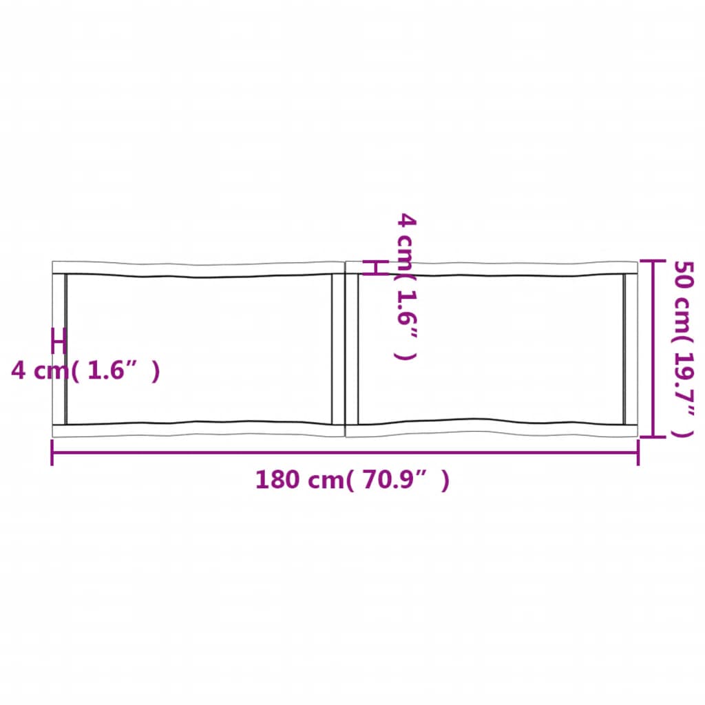 Pöytälevy 180x50x(2-4) cm käsittelemätöntä massiivitammea elävä reuna