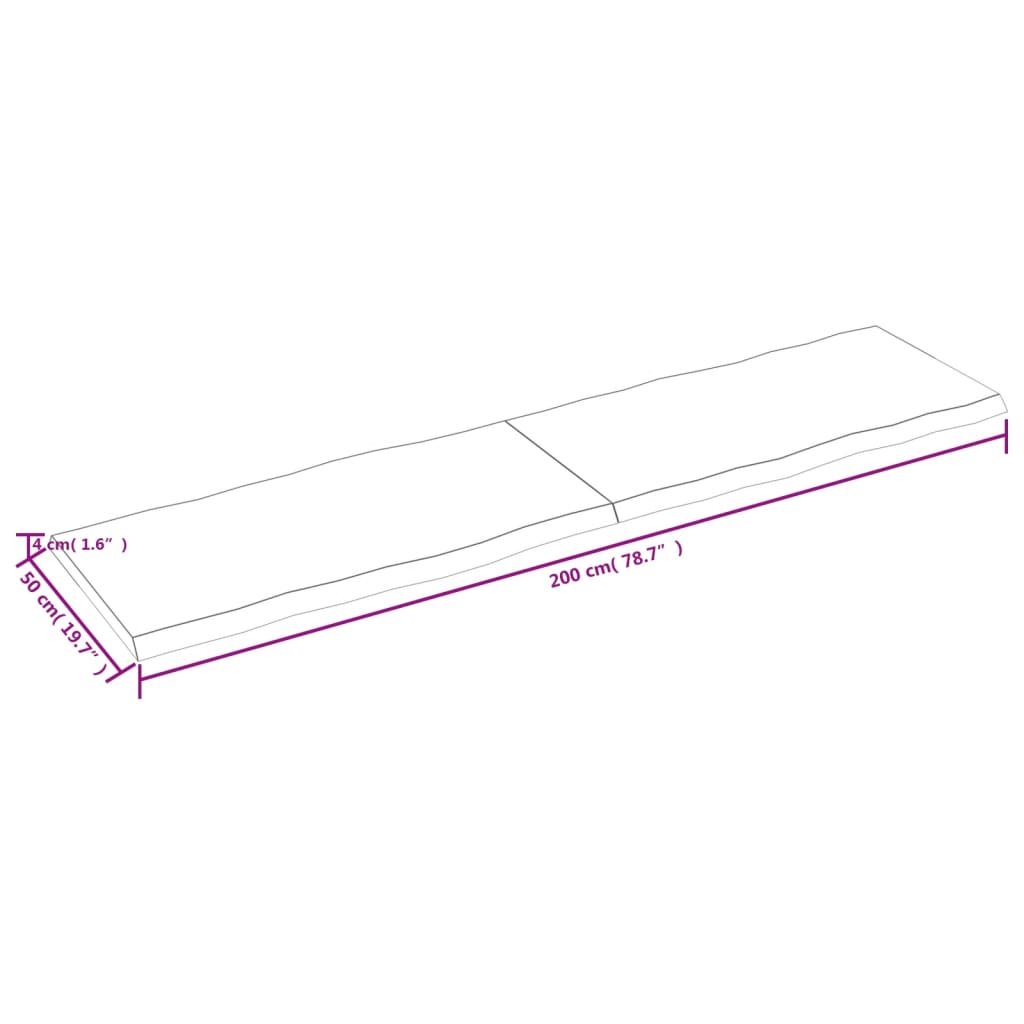 Pöytälevy 200x50x(2-4) cm käsittelemätöntä massiivitammea elävä reuna