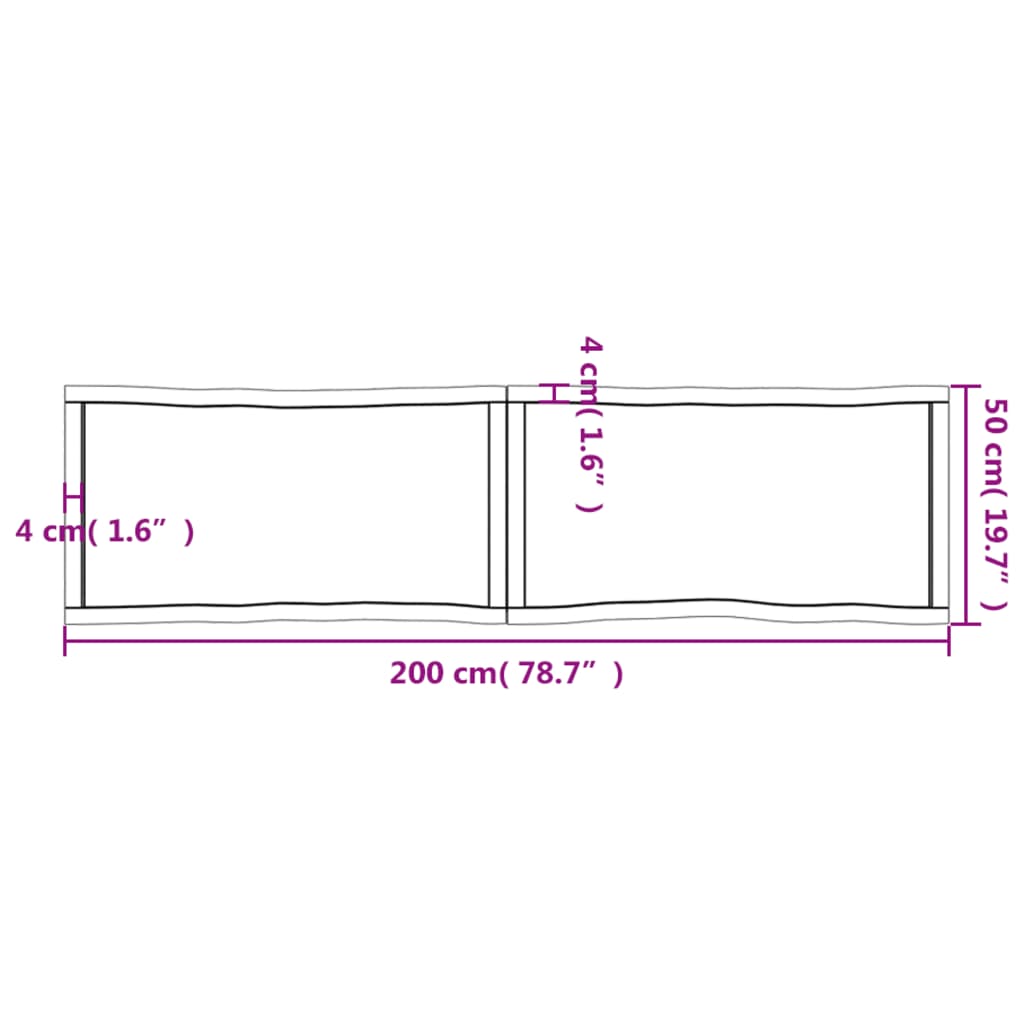 Pöytälevy 200x50x(2-4) cm käsittelemätöntä massiivitammea elävä reuna