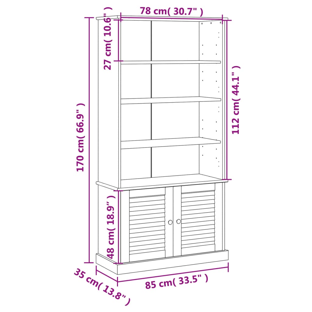 Bokhylla massiv furu natur möbelserie VIGO 85x35x170 cm