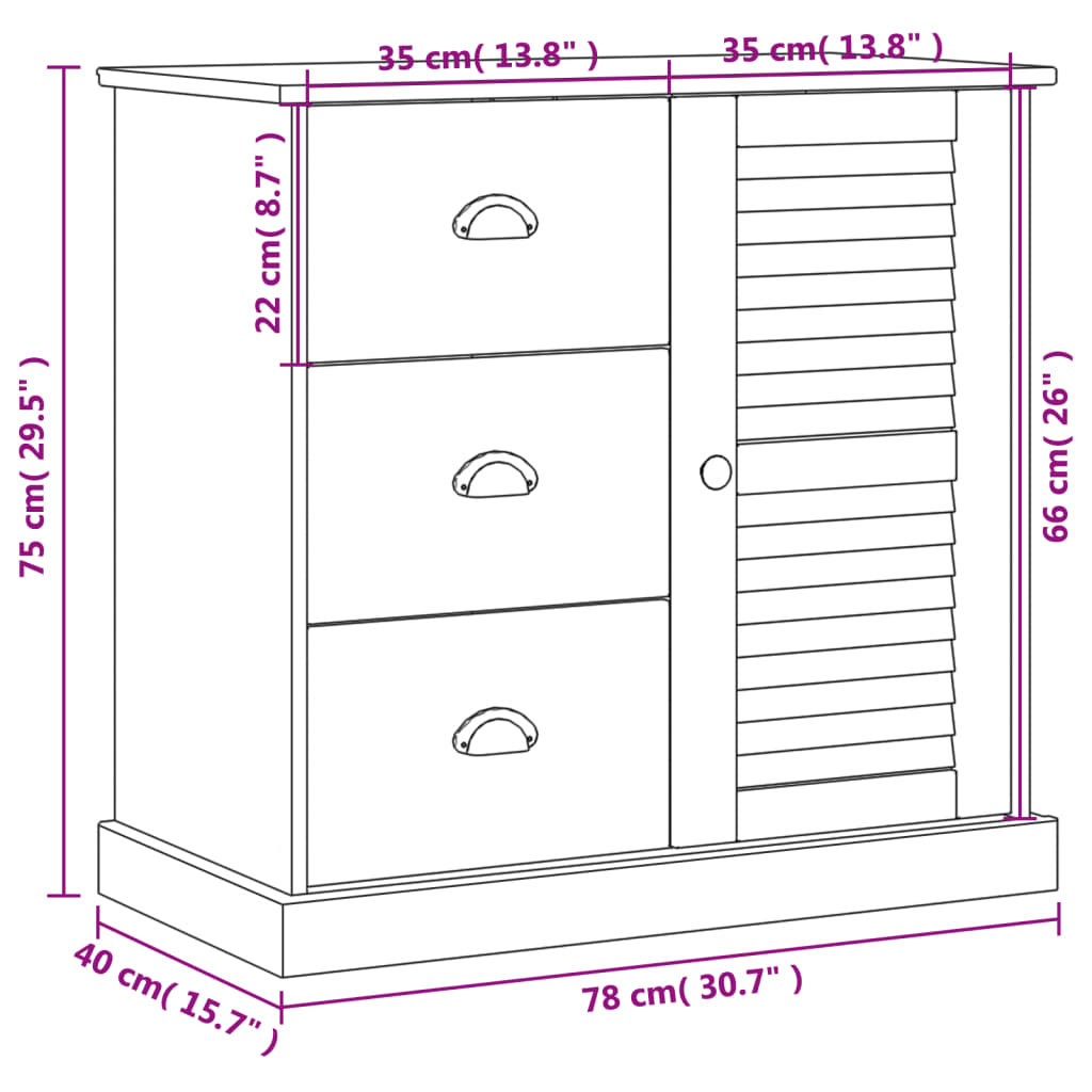 Skänk vit med lådor VIGO 78x40x75 cm massiv trä furu