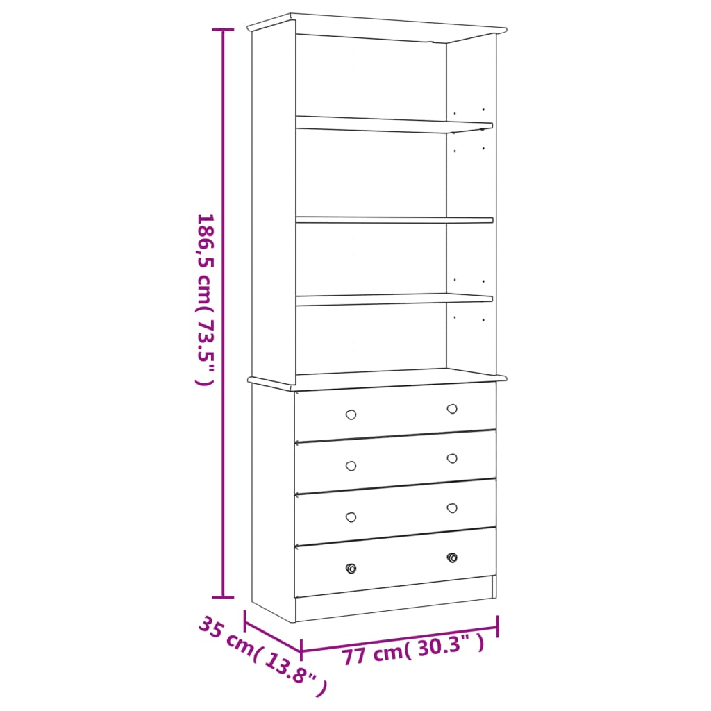 Bokhylla med lådor ALTA 77x35x186,5 cm vit massiv furu