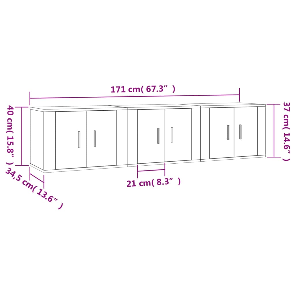 TV-möbel Sonoma ek 57x34,5x40 cm 3 st Väggmonterade TV-skåp