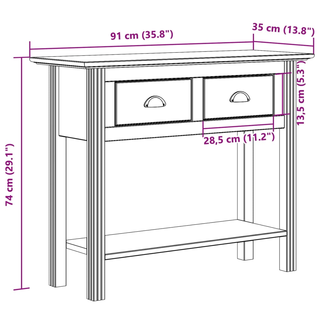 Avlastningsbord konsolbord massiv furu möbelserie BODO brun 91x35x74 cm