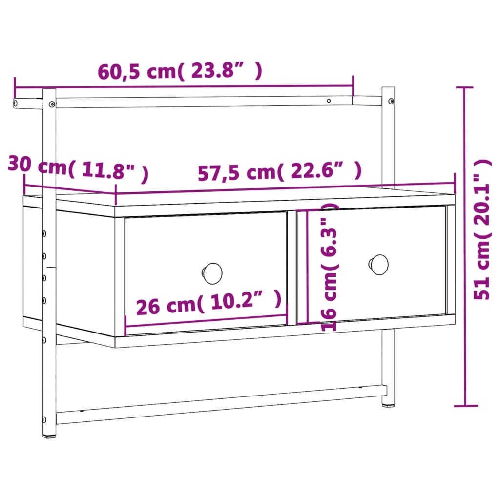 TV-möbel brun ek 60,5x30x51 cm Väggmonterad TV-bänk