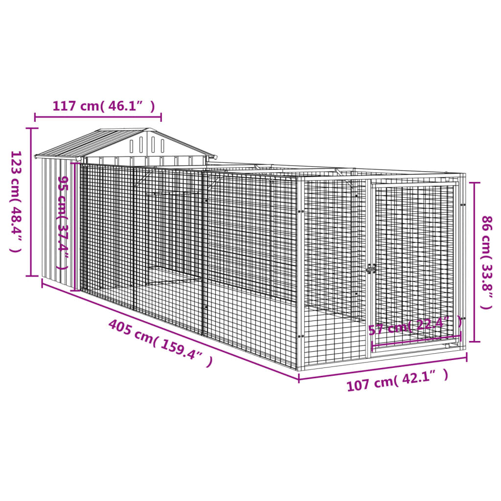 Hundkoja Hundgård antracit med tak 117x405x123 cm galvaniserat stål