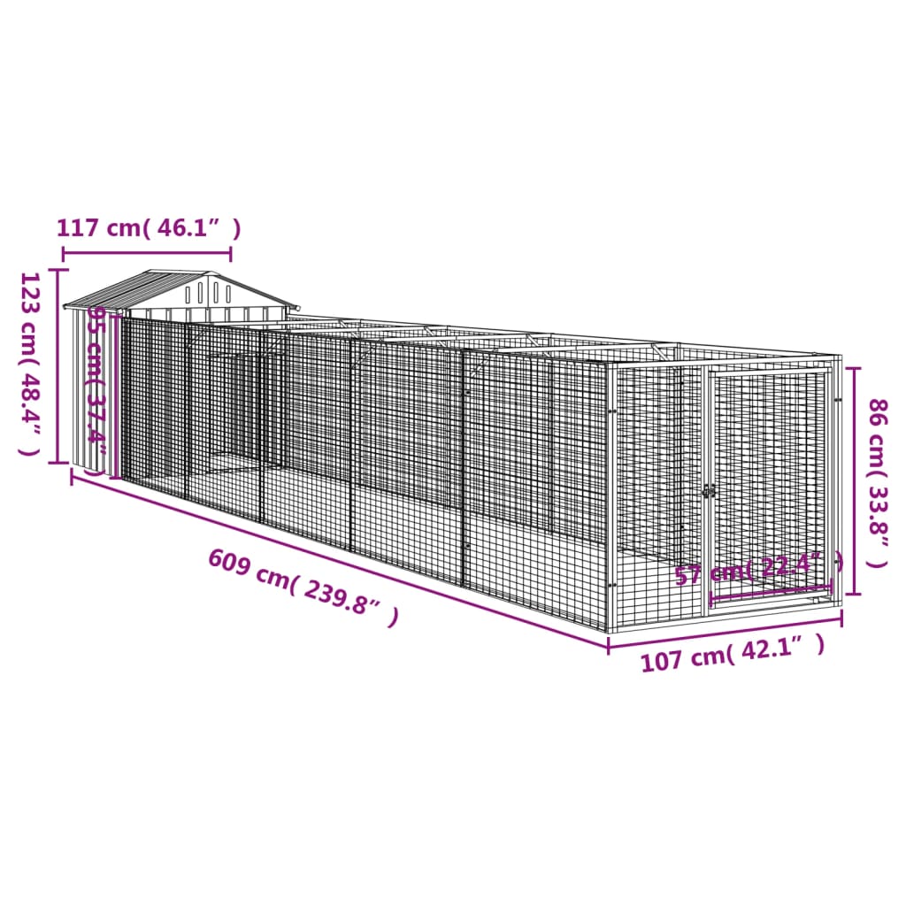 Hundkoja Hundgård antracit med tak 117x609x123 cm galvaniserat stål