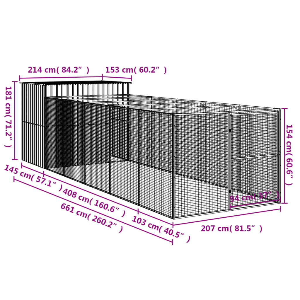 Hundkoja Hundgård antracit med gård 214x661x181 cm galvaniserat stål