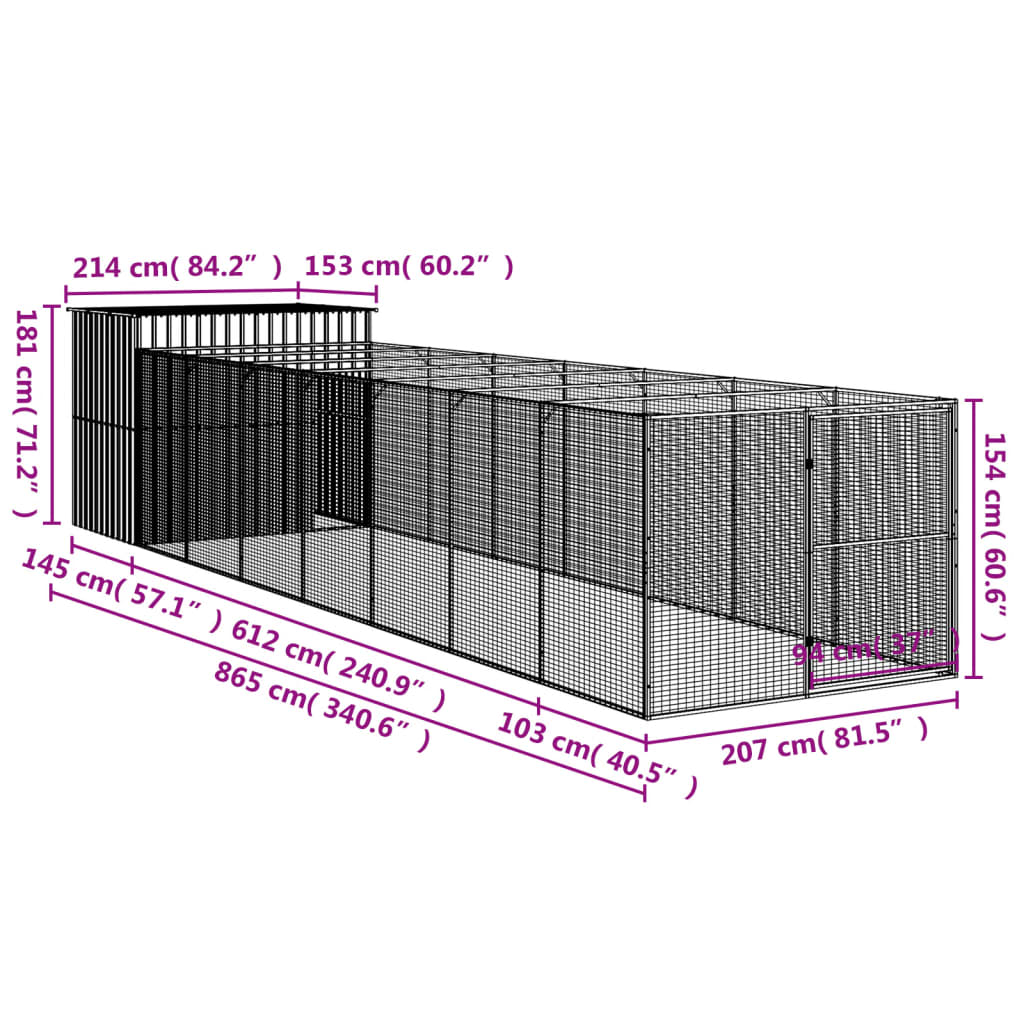 Hundkoja Hundgård antracit med gård 214x865x181 cm galvaniserat stål