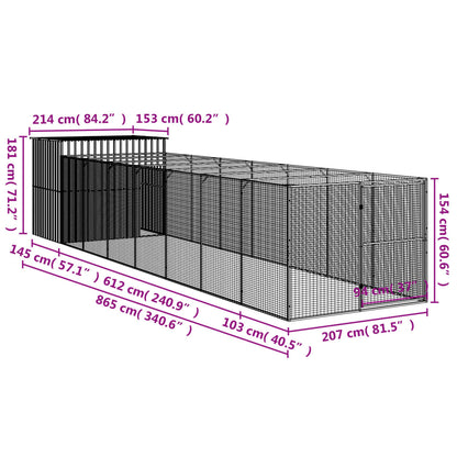 Hundkoja Hundgård antracit med gård 214x865x181 cm galvaniserat stål