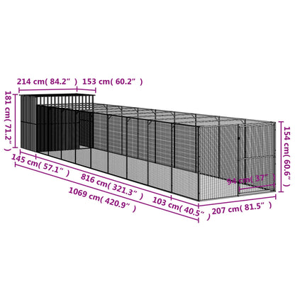 Hundkoja Hundgård antracit med gård 214x1069x181 cm galvaniserat stål