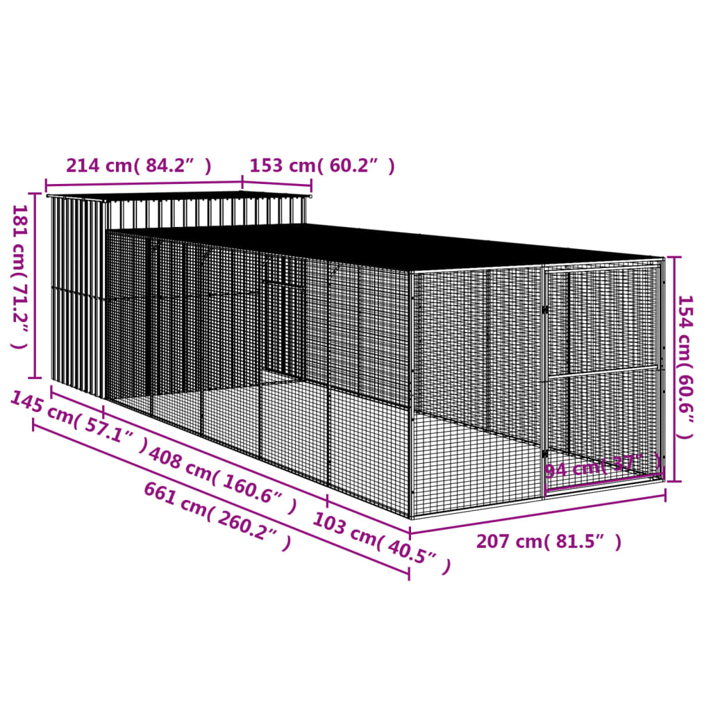 Hundkoja Hundgård antracit med gård 214x661x181 cm galvaniserat stål