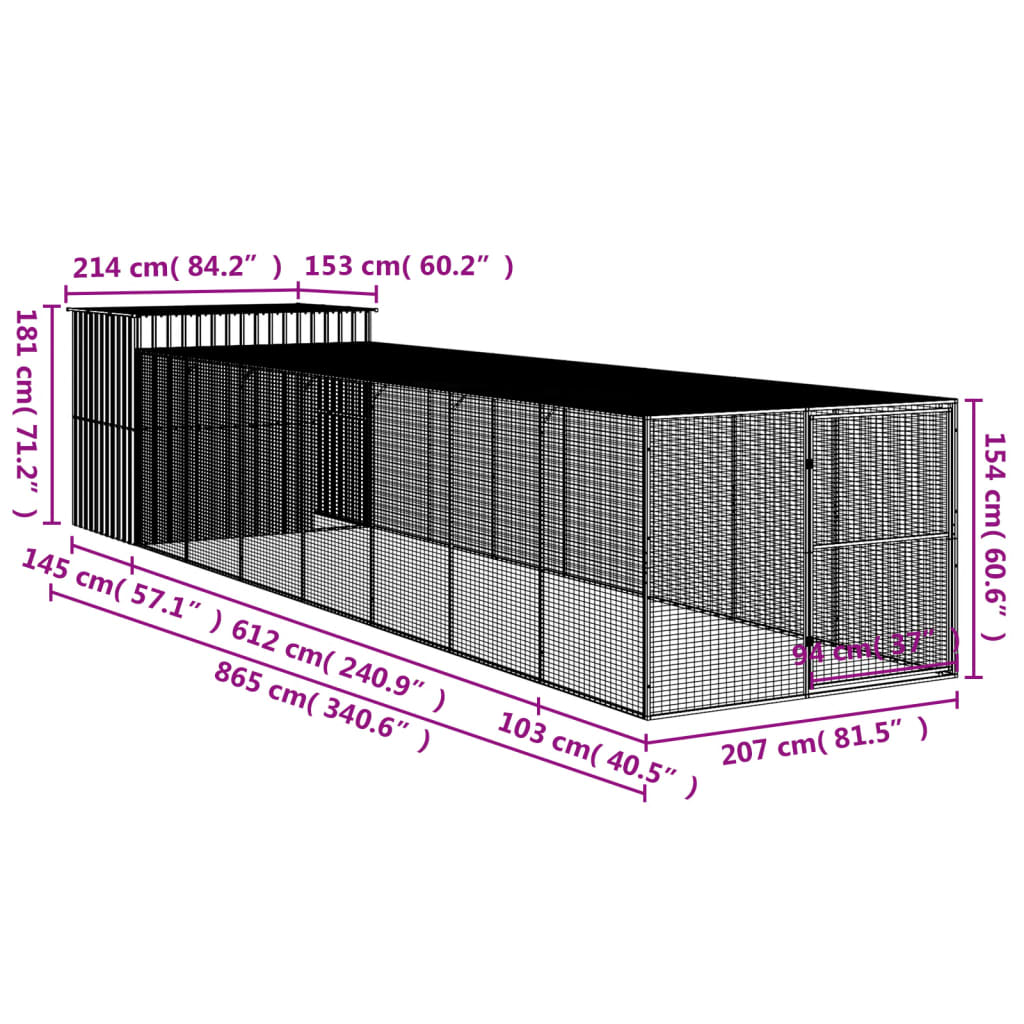 Hundkoja Hundgård antracit med gård 214x865x181 cm galvaniserat stål