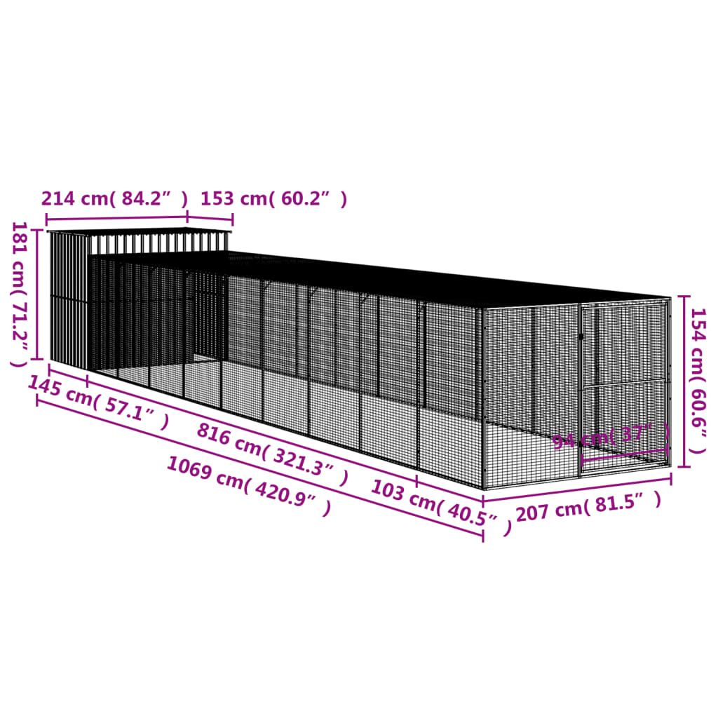 Hundkoja Hundgård antracit med gård 214x1069x181 cm galvaniserat stål