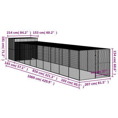 Hundkoja Hundgård antracit med gård 214x1069x181 cm galvaniserat stål