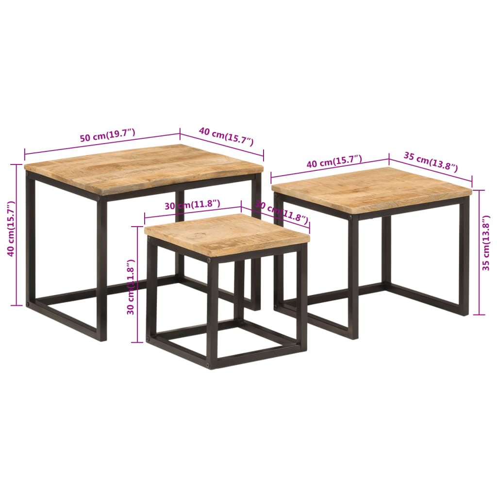 Soffbord massiv trä mangoträ Satsbord 3 st järn