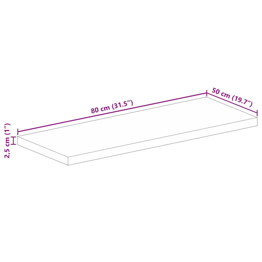 Pöytälevy 80x50x2,5 cm suorakaiteen muotoinen massiivi karkeaa mangopuuta