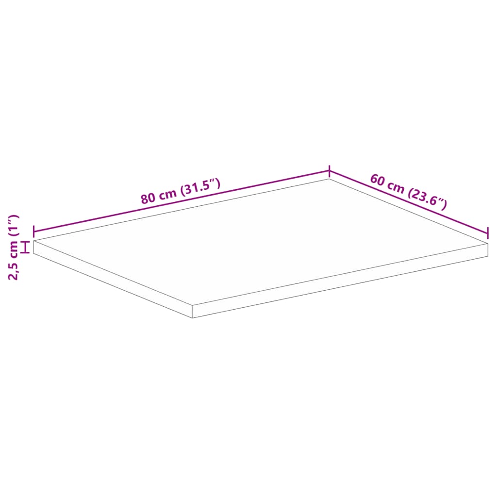 Pöytälevy 80x60x2,5 cm suorakaiteen muotoinen massiivi karkeaa mangopuuta