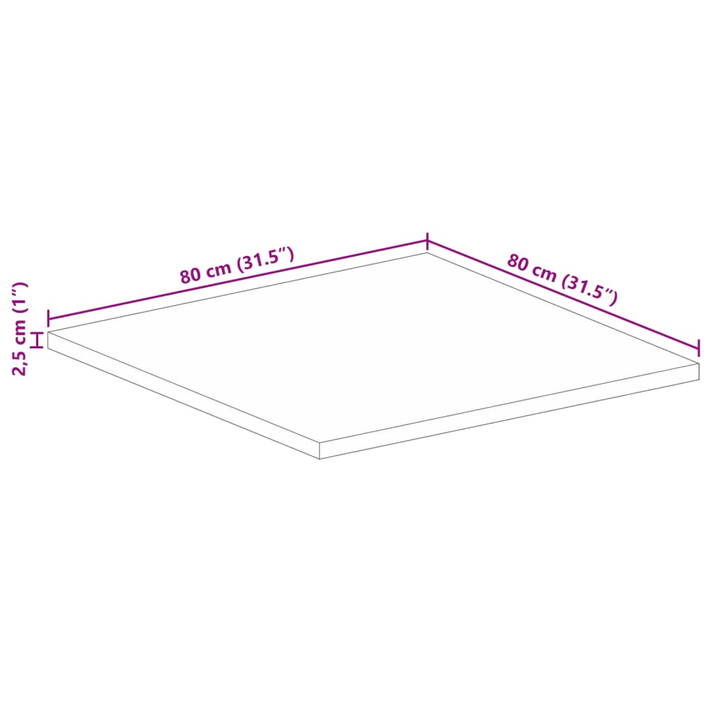 Pöytälevy 80x80x2,5 cm neliömäinen massiivi karkeaa mangopuuta