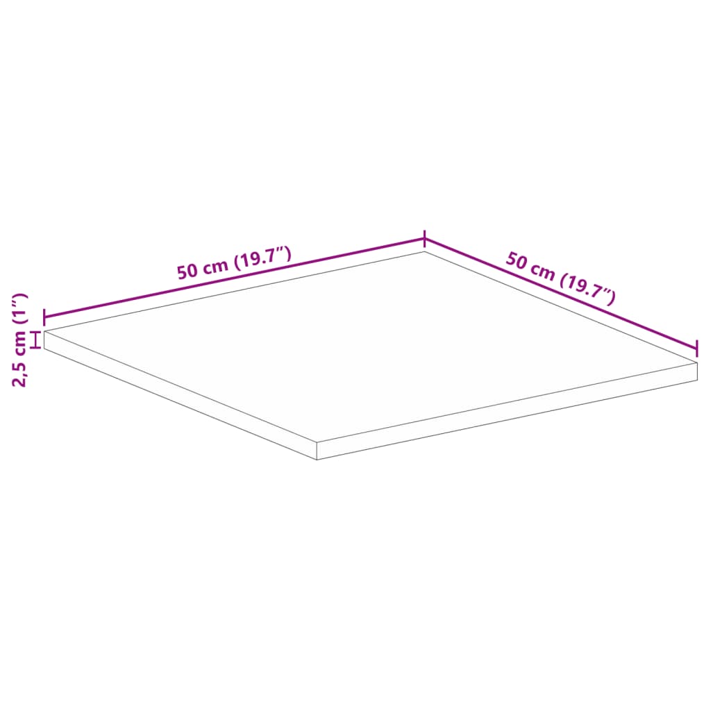 Bordsskiva massiv mangoträ 50x50x2,5 cm fyrkantig