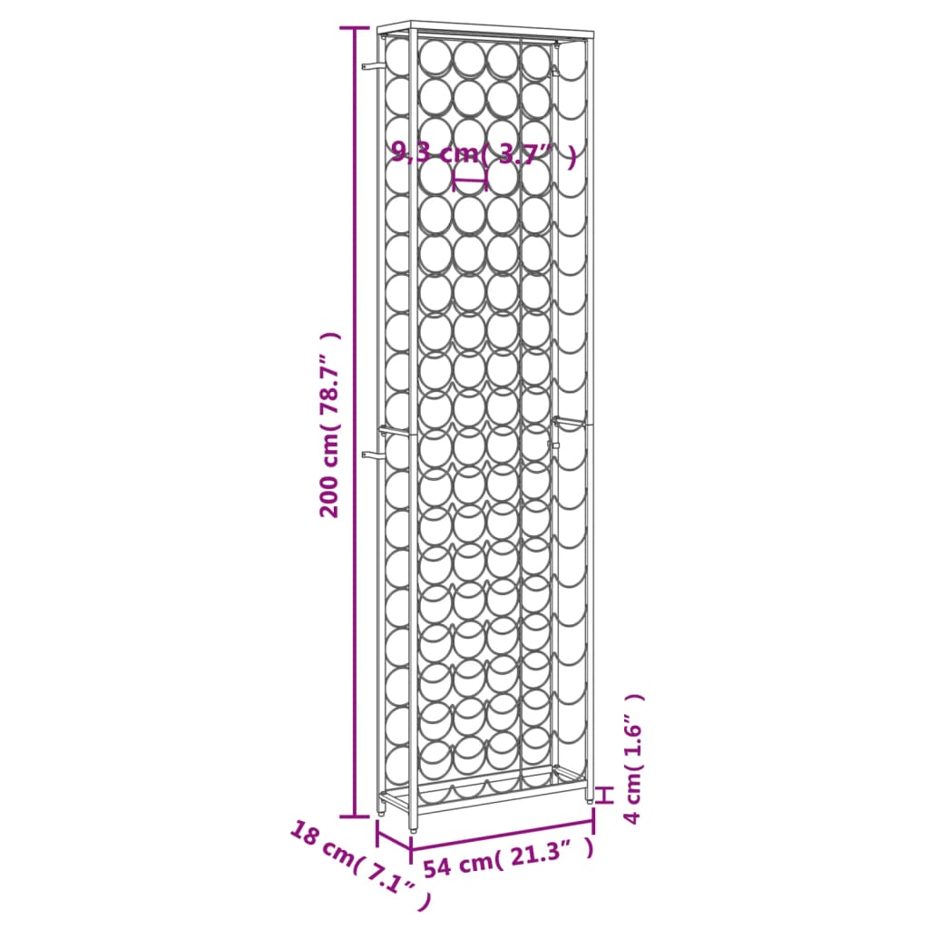 Viiniteline 95 pullolle musta 54x18x200 cm takorauta