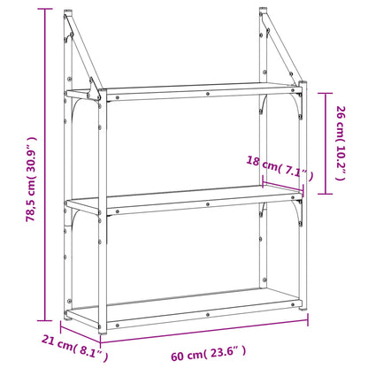 Vägghylla rökfärgad ek 3 hyllor 60x21x78,5 cm