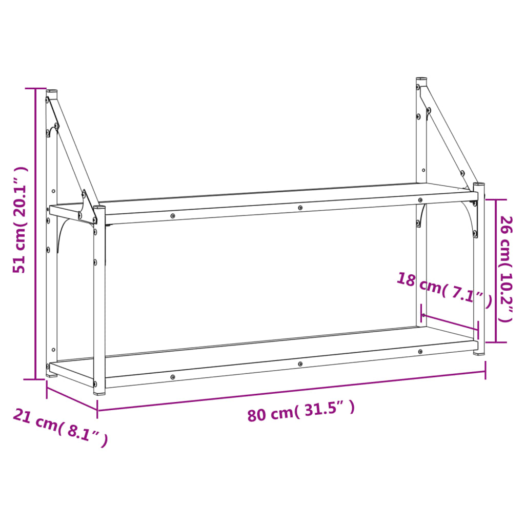 Vägghylla svart 2 hyllor 80x21x51 cm