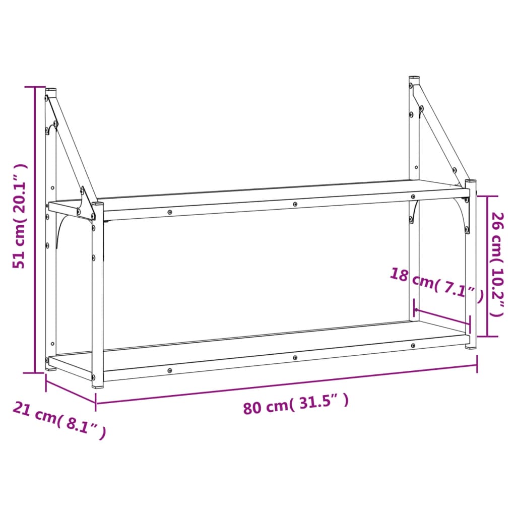 Vägghylla 2 hyllor sonoma-ek 80x21x51 cm konstruerat trä