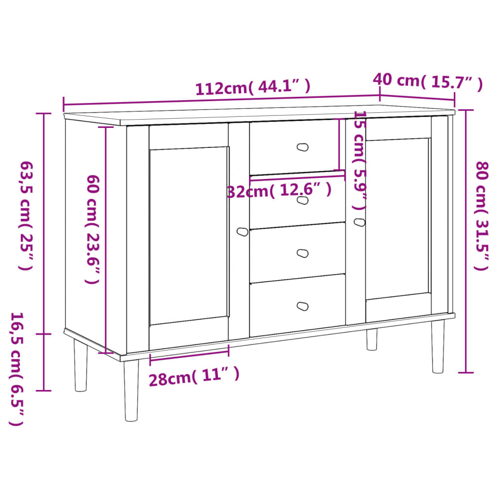 Sidobord SENJA rottinglook brun 112x40x80 cm massiv furu