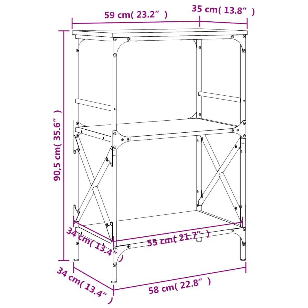 Kirjahylly ruskea tammi 3 hyllyä 59x35x90,5 cm