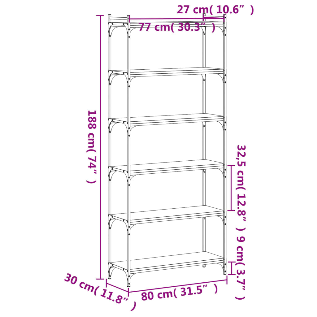 Bokhylla brun ek 6 hyllplan 80x30x188 cm