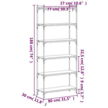 Bokhylla brun ek 6 hyllplan 80x30x188 cm