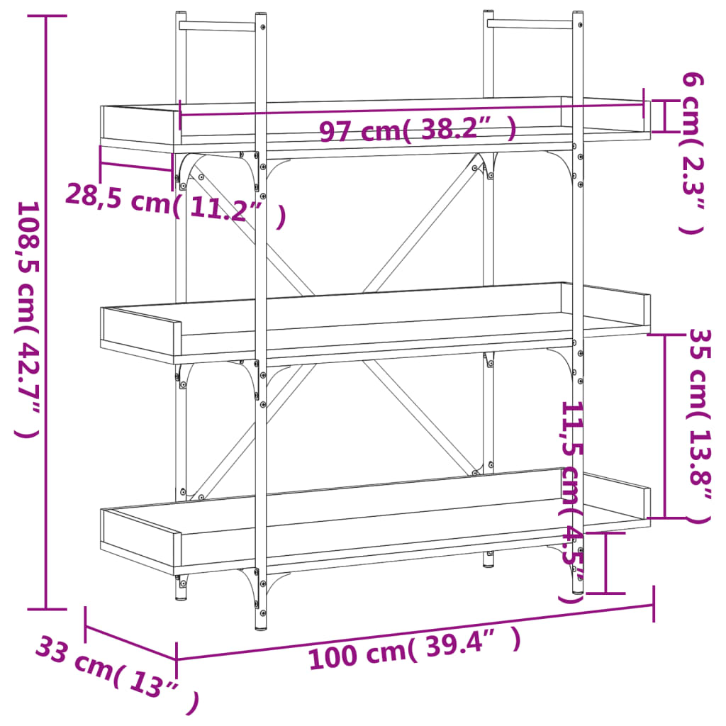 Kirjahylly musta 3 hyllyä 100x33x108,5 cm