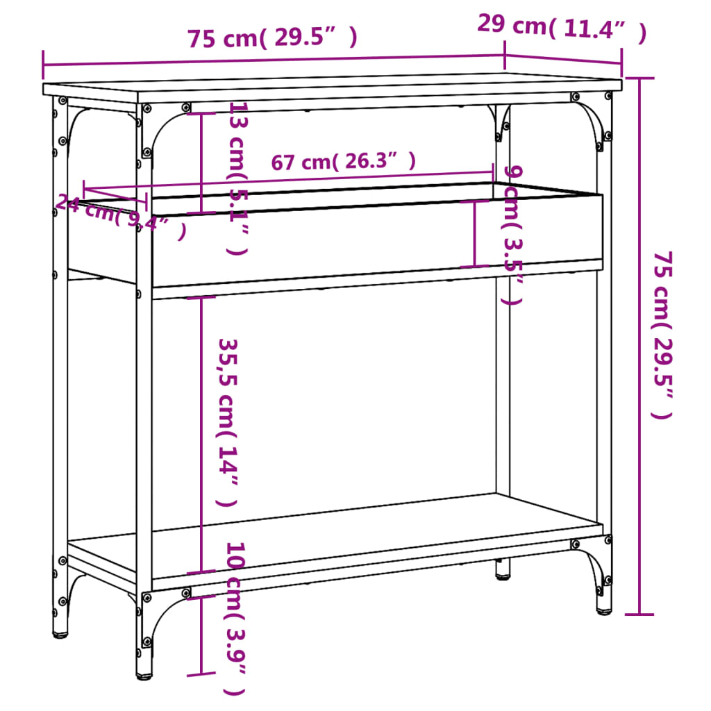 Avlastningsbord konsolbord rökfärgad ek med hylla 75x29x75cm