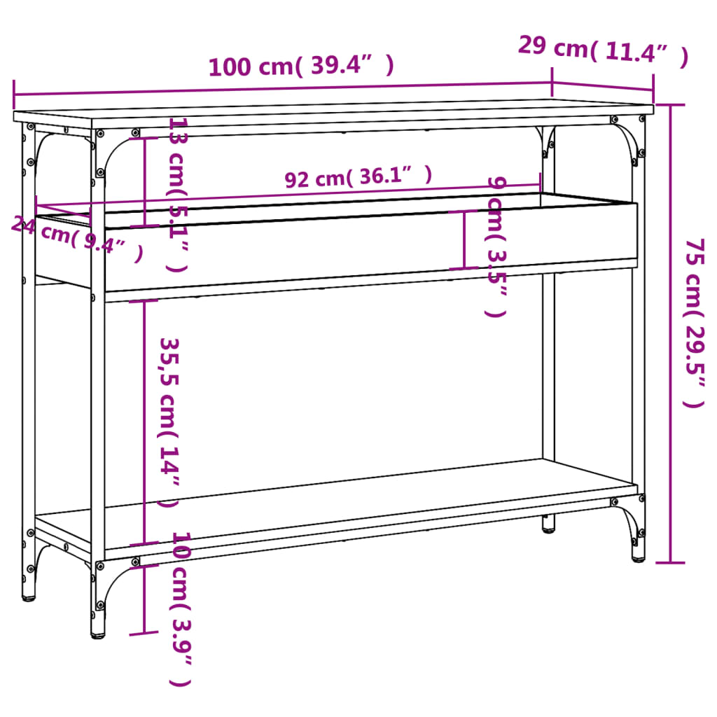 Avlastningsbord konsolbord rökfärgad ek med hylla 100x29x75 cm