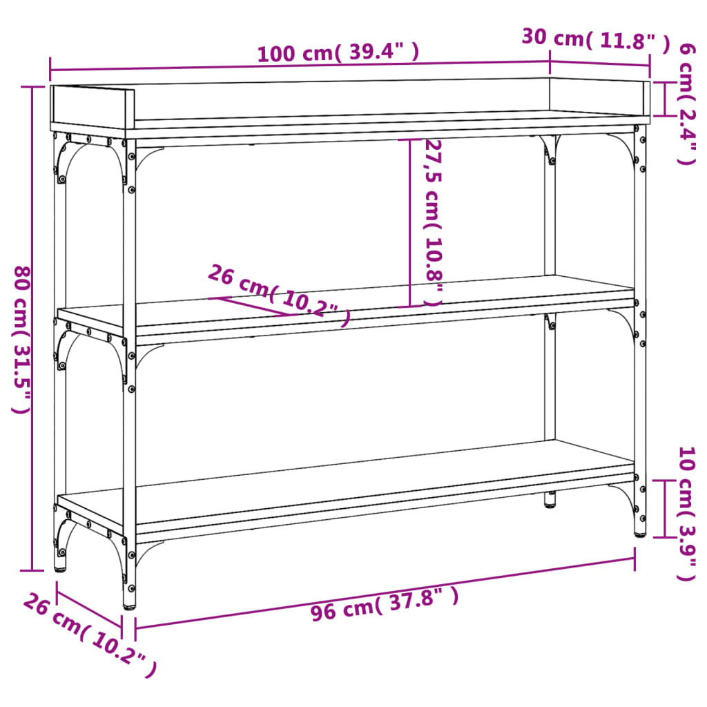 Avlastningsbord konsolbord rökfärgad ek med hyllor 100x30x80 cm