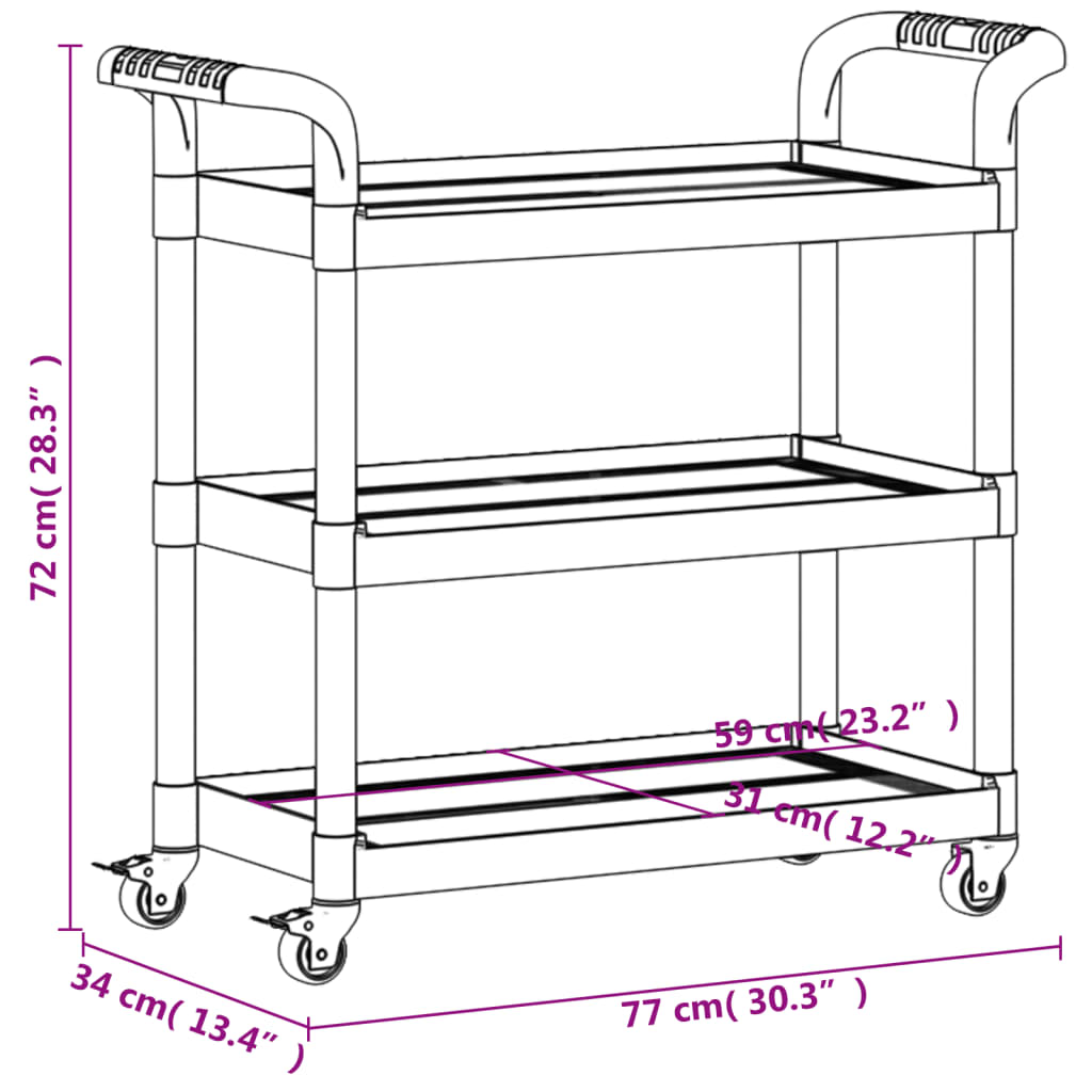 Keittiövaunu Rolling vaunu musta 3 kerrosta 77x34x72 cm alumiinia