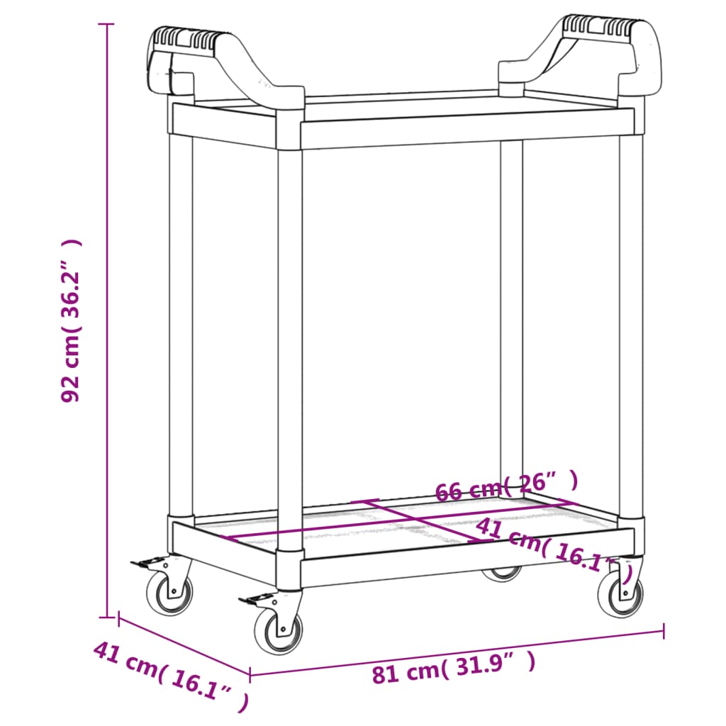 Keittiövaunu Rolling vaunu musta 2 kerrosta 81x41x92 cm alumiinia