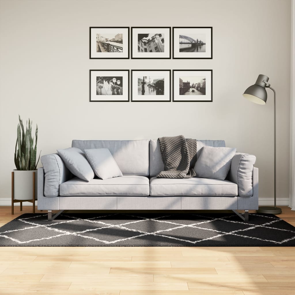 Golvmatta Ryamatta PAMPLONA lång lugg modern svart & gräddvit 100x200 cm