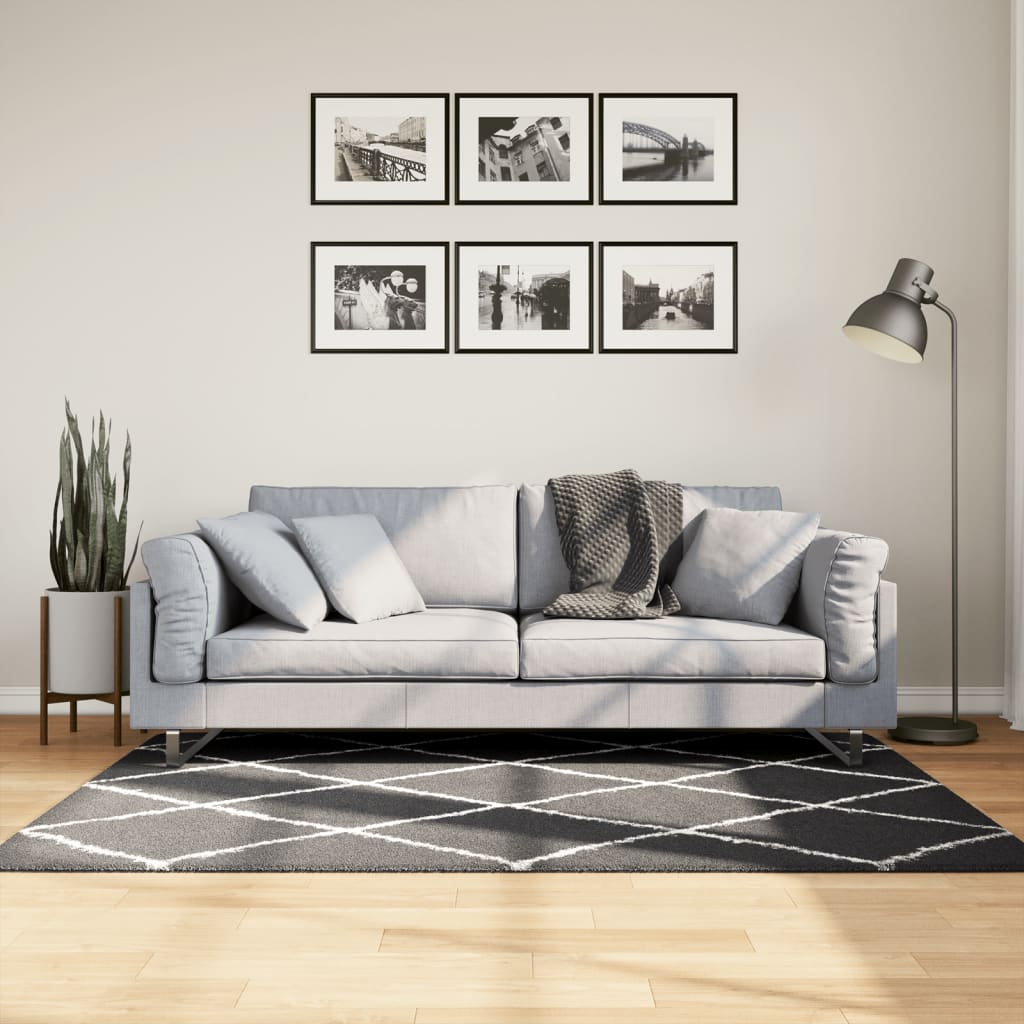 Golvmatta Ryamatta PAMPLONA lång lugg modern svart & gräddvit 120x170 cm