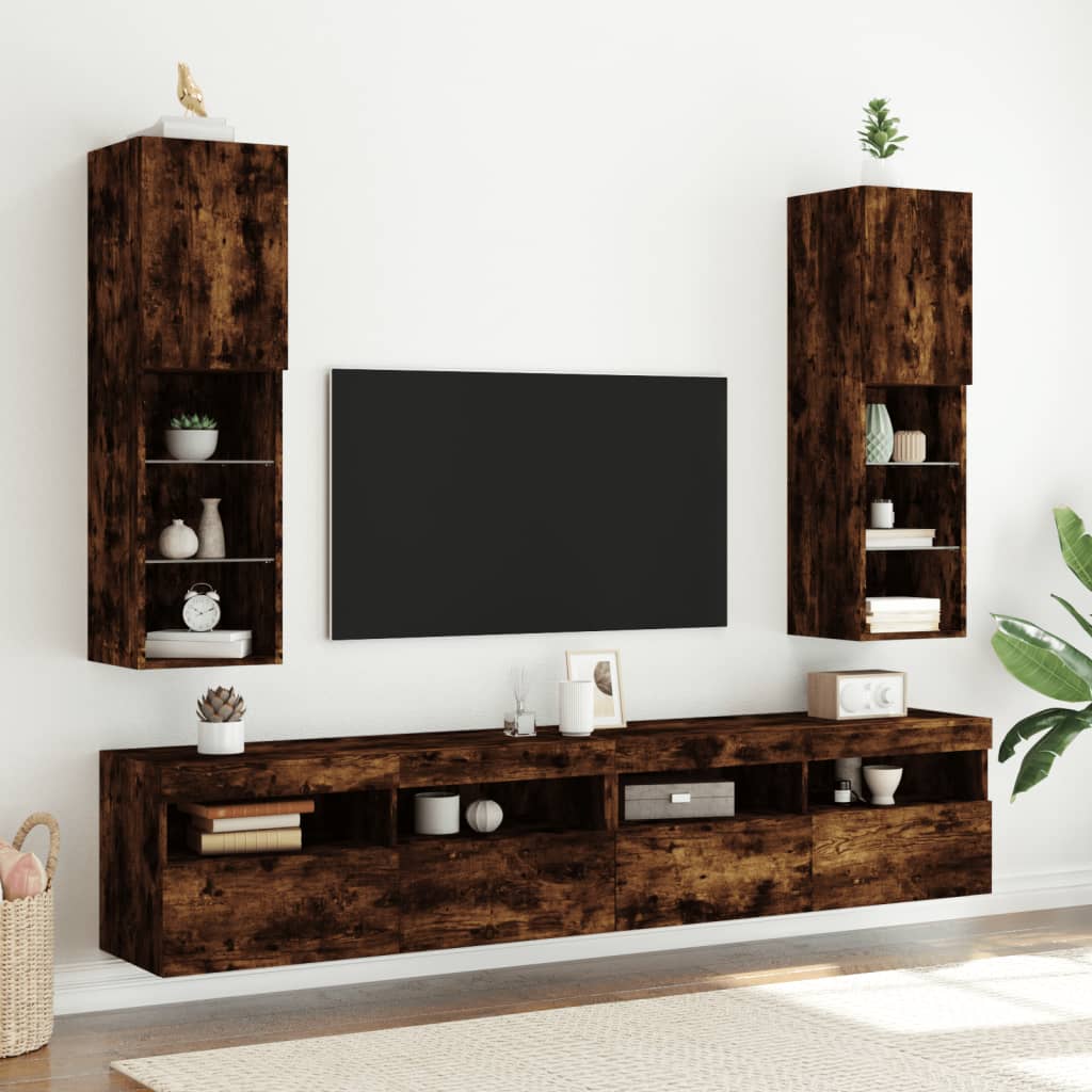 TV-möbel rökfärgad ek TV-bänk med LED-belysning 2 st 30,5x30x102 cm