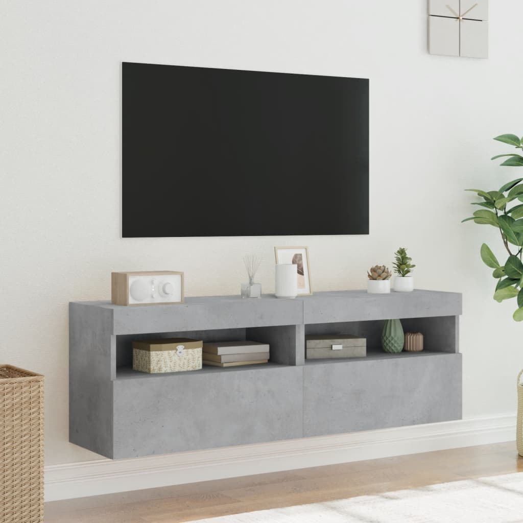 TV-möbel betonggrå 60x30x40 cm Väggmonterad TV-bänk LED 2 st