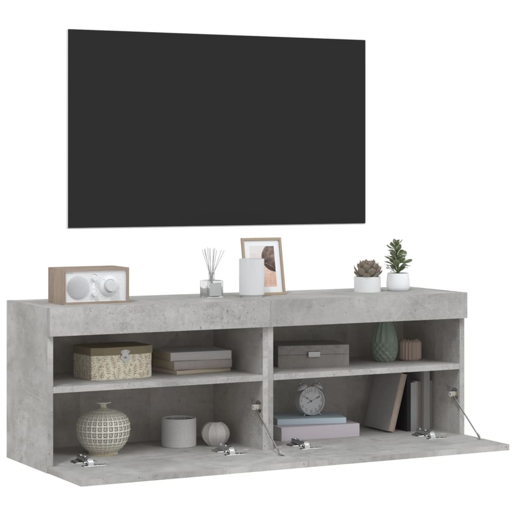 TV-möbel betonggrå 60x30x40 cm Väggmonterad TV-bänk LED 2 st